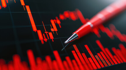 Poster - Close-up of red stock market graph with pen, showcasing financial analysis and market trends. Ideal for finance and business-themed content.
