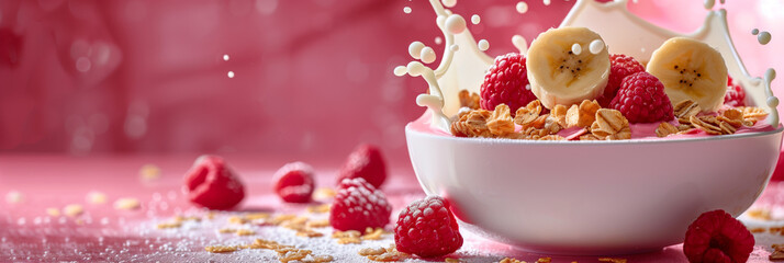 Wall Mural - Gourmet cereal breakfast with cornflakes, banana, raspberry, strawberries, milk splash