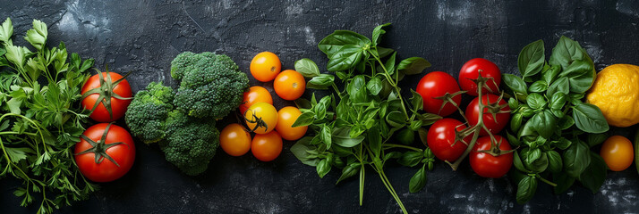 Wall Mural - Top view of herbs and vegetables on a plain black background with empty copy space, minimalist style, natural light