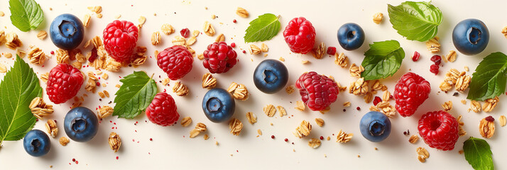 Wall Mural - Top view of crumbs and forest fruits with green leaves on a white background