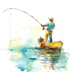 Fishing watercolor illustration isolated on transparent. Sea png file for art work.
