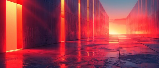 Canvas Print - A red and orange hallway with a red door