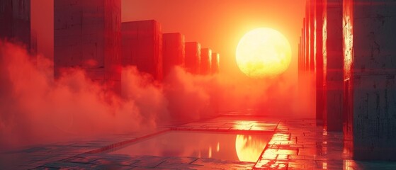 Wall Mural - A cityscape with a large red sun in the sky