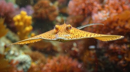 Wall Mural - A close-up underwater photograph of a vibrant orange stingray swimming amidst colorful coral reefs, capturing the intricate details and beauty of its wings and natural habitat