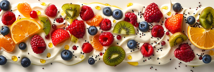 Wall Mural - Yogurt, kiwi, fresh berries, raspberries, and citrus on a white background