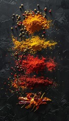 Wall Mural - A close-up shot of various colorful spices, including saffron, curry powder, and annatto, arranged on a black background.