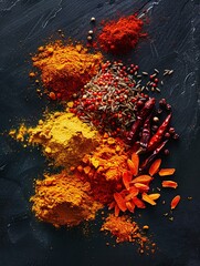 Wall Mural - An overhead shot of various spices on a black slate background.