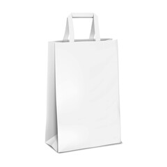 Wall Mural - Blank tall tape handle paper carrier bag isolated on white background. Realistic 3d vector mock-up. White flat bottom gusseted package. Mockup. Template for design