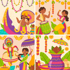 hand drawn flat happy onam illustration set