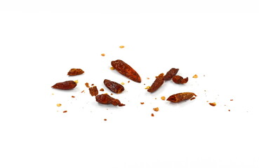 Wall Mural - Red chilli flakes, Hot crushed red cayenne pepper flakes scattered over white background.dried chili flakes and seeds 