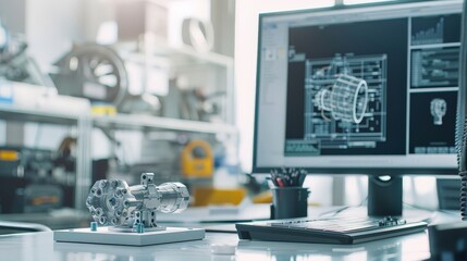 Aufkleber - 3D rendering of mechanical component on computer screen in an engineering lab. Detailed technical drawing for industrial development.