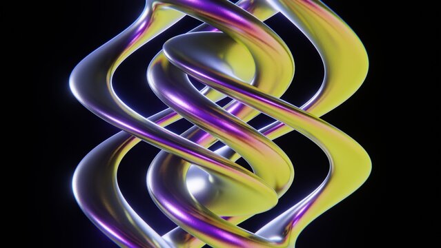Abstract 3D art metallic chrome reflection multicolored vivid rainbow gradient spiral twist bending shape smooth wave curve endless rotation 4K computer graphics rendered presentation background