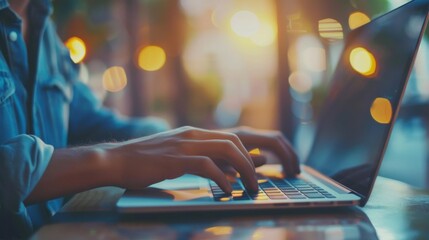 Poster - Close-up of a young entrepreneur typing on a laptop, working on a startup business plan.