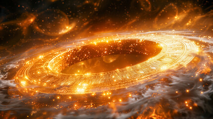 Wall Mural - A glowing ring, possibly a celestial object, emits a vibrant golden light, surrounded by ethereal smoke and distant stars