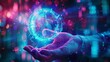 © Sasa Visual - A hand holds a glowing, digital sphere in front of a blurred background of lights
