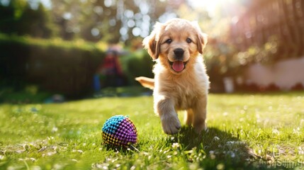 Poster - Cute puppy playing with a colorful ball in a sunny backyard, capturing a moment of joy and energy.