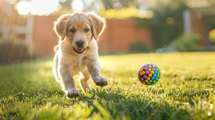 Poster - Cute puppy playing with a colorful ball in a sunny backyard, capturing a moment of joy and energy.