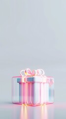 Sticker - Glowing gift box with neon light effect on light pastel background