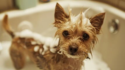 Poster - Dog standing in a tub with a shampoo mohawk, looking both silly and adorable.
