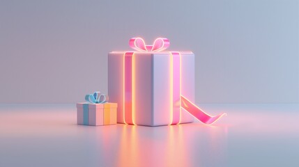 Sticker - Glowing gift box with neon light effect on light pastel background