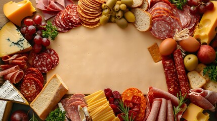 Wall Mural - Assorted deli meats and cheeses creating a savory frame around a central copy space