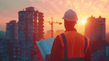 Poster - Engineer inspecting a construction site with blueprints and a hard hat, overseeing progress.