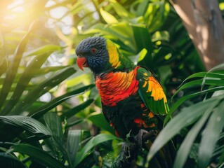 Wall Mural - exotic bird with iridescent plumage perched in lush tropical foliage vibrant feathers catch dappled sunlight eyes alert and beak slightly open