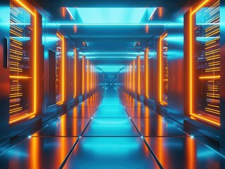 Wall Mural - futuristic server room corridor glowing orange server racks scifi aesthetics cool blue ambient light hightech environment sleek design