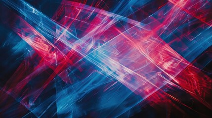 Poster - Abstract composition of light and color, characterized by a vibrant interplay of red and blue hues with a sense of depth and movement