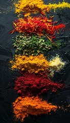 Wall Mural - A close-up image showcasing a colorful array of spices, including saffron, curry powder, and annatto, arranged on a black background.