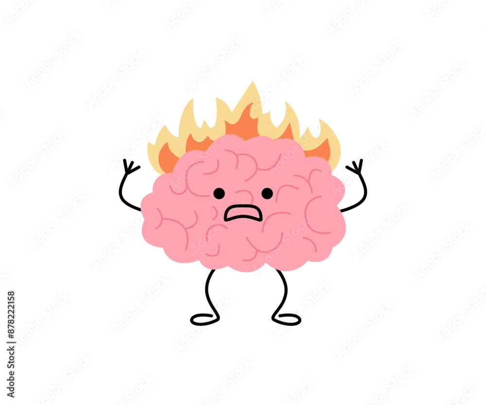 Brain with fire, burnout on stress, cute child character. Intense brain ...