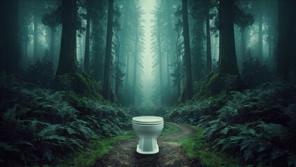 Poster - A toilet sitting in the middle of a forest path, AI