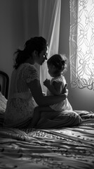 Canvas Print - A woman sitting on top of a bed holding a baby