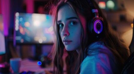 Wall Mural - A girl with headphones on sitting in front of a computer