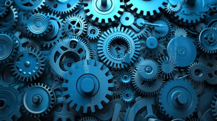 Poster - Collection of various blue gears and cogwheels interlocking. Symbol of machinery, engineering, and mechanical precision.