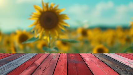 Wall Mural - Empty wood table top with blur background of sunflowers field. The table giving copy space for placing advertising sunflower product on the table along with beautiful sunflower background.