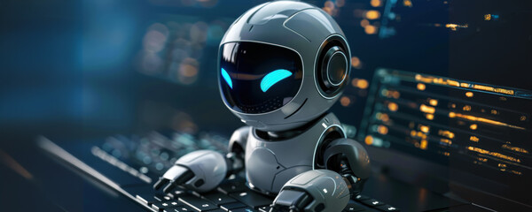 Poster - White robot using a computer keyboard in a futuristic setting