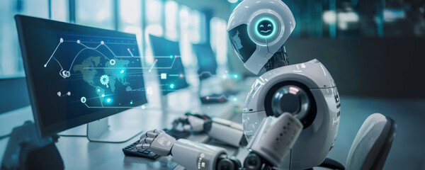Poster - Humanoid robot working at a computer with a global network display