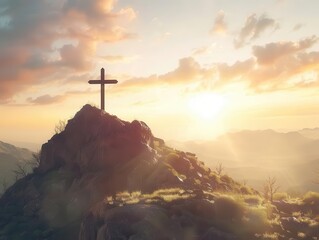 Wall Mural - silhouette of a cross atop a mountain peak backlit by a breathtaking sunset warm golden light bathes the landscape creating a powerful spiritual and natural symbolism