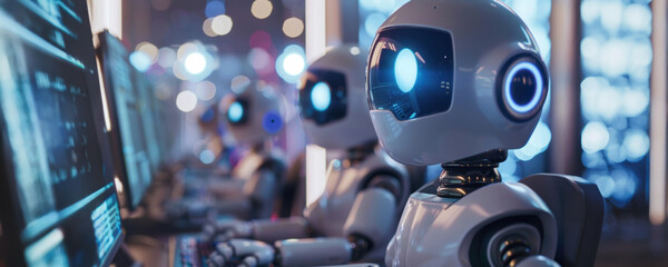 Poster - Row of white robots working on computers in an office setting at night