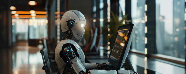 Poster - White robot using a computer in modern office setting during the day