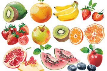 Wall Mural - illustrations whole and sliced fruits