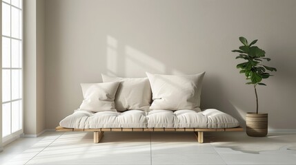 Wall Mural - Scandinavian style futon in beige living room with monochrome flooring