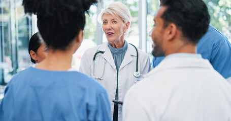 Canvas Print - Meeting, team and doctor with nurses in hospital for collaboration on medical diagnosis. Discussion, professional and healthcare mentor with cardiology students for feedback on internship in clinic.