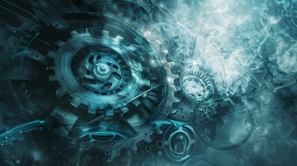 Aufkleber - Complex interlocking gears and cogs with a blue light and smoke effect. Symbolizes intricate engineering and technological innovation.