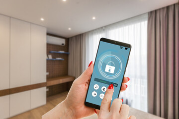 Poster - Mobile phone with app smarthome intelligent house automation remote control technology concept