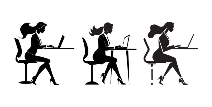 Set of businesswomen silhouettes in front of a laptop typing on the keyboard, figuration isolated in white background