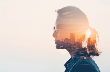 Double exposure of a woman's silhouette with a cityscape background, creating a blend of urban exploration and personal reflection in sunset light.