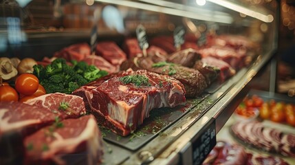 Composition of meat in the butcher shop in the display cabinet