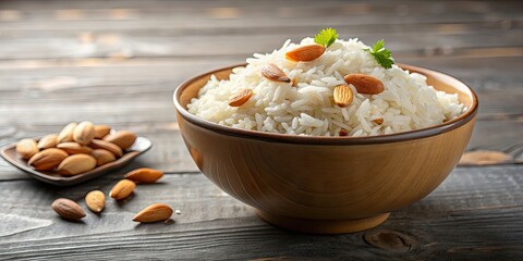 Poster - A bowl of rice topped with sliced almonds, rice, almond, food, dish, cuisine, grain, nut, healthy, vegetarian, white, delicious